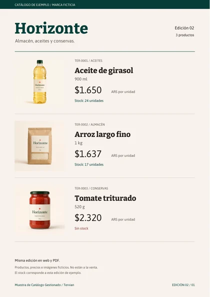 Página de catálogo PDF de ejemplo con los tres productos Horizonte